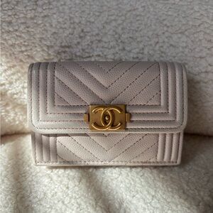 Chanel Boy Flap Nude Pink Tri-fold Wallet Chervon Women's